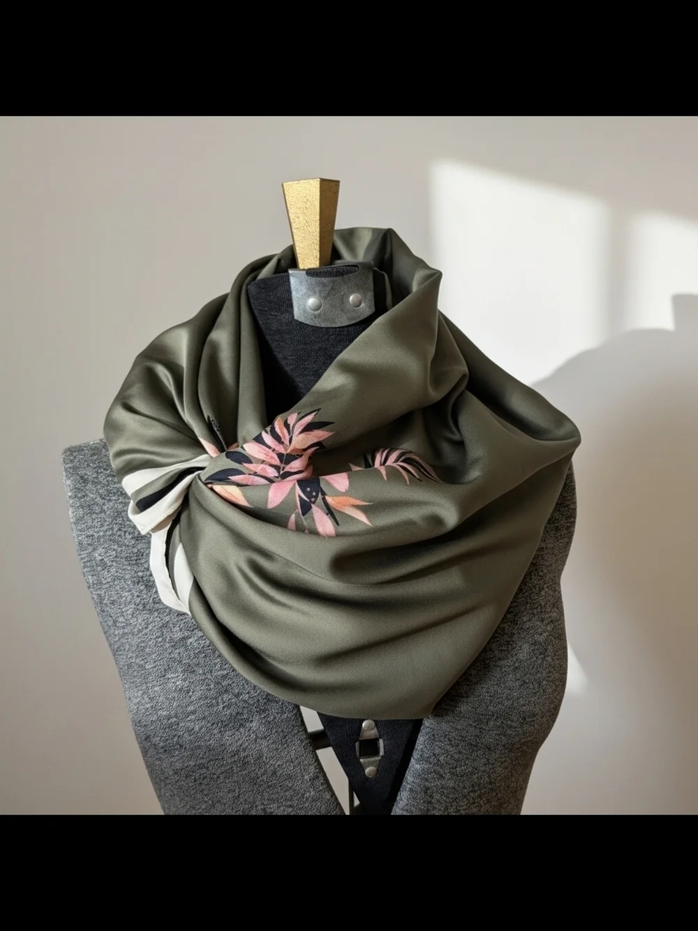 A.n.d. Elegant Green/Grey And Pink Floral Satin Shawl - free Size